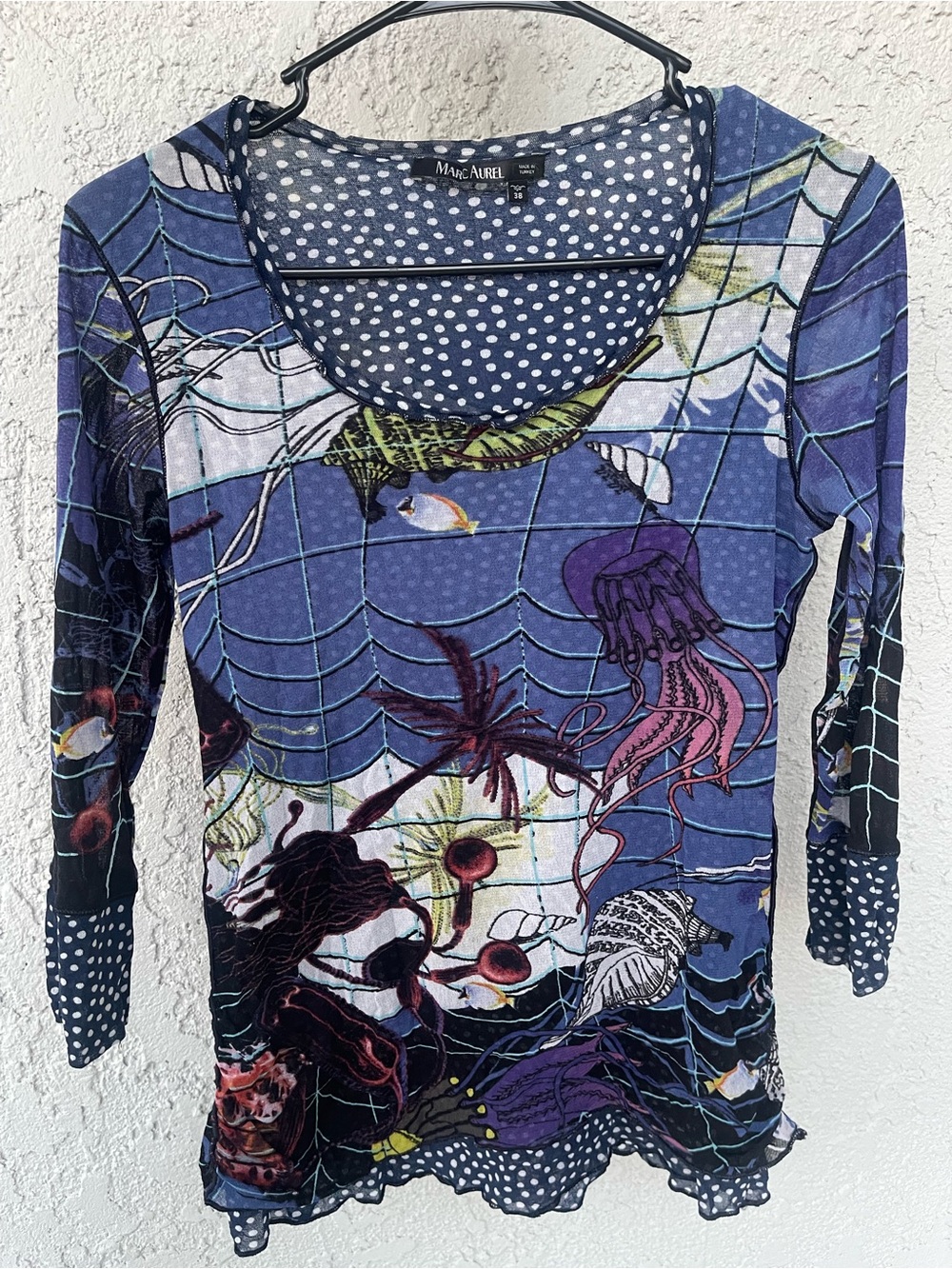 Marc Aurel Women's Blue Ocean Scene Long Sleeve Scoop Neck Top
